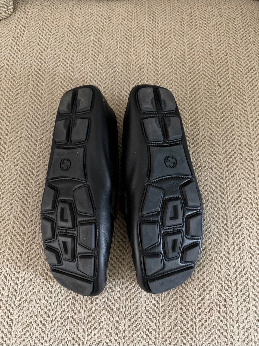 Gucci Black Leather Loafers with Green and Red Web & Gold Double G US 9